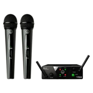 Sistema inalámbrico AKG WMS40 MINI DUAL con receptor SR40 Mini Dual y dos micrófonos de mano HT40 Mini para voz y presentaciones.
