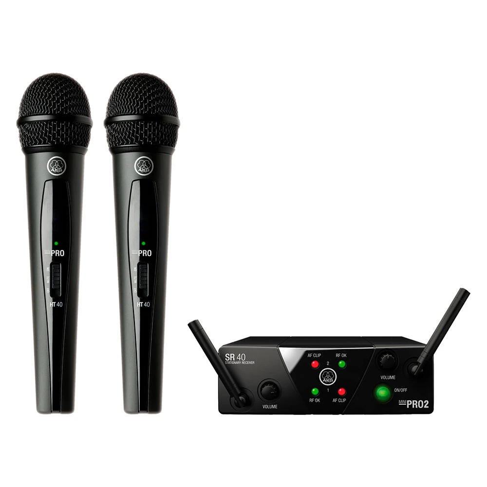Sistema inalámbrico AKG WMS40 MINI DUAL con receptor SR40 Mini Dual y dos micrófonos de mano HT40 Mini para voz y presentaciones.