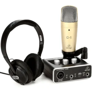 Behringer U-PHORIA STUDIO kit de grabación profesional con interfaz USB UM2, micrófono de condensador C-1 y audífonos HPS5000.
