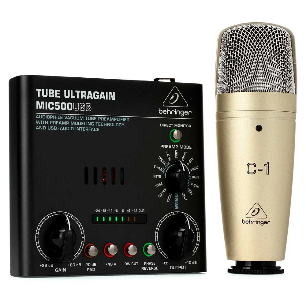 Behringer VOICE STUDIO, kit profesional de grabación con micrófono de condensador C-1, preamplificador a válvulas MIC500USB, interfaz USB y accesorios para podcast, streaming, locución y home studio.