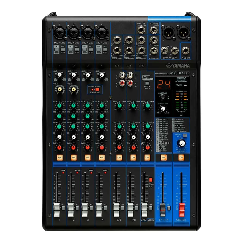 Yamaha MG10XUF consola mezcladora profesional de 10 canales con faders, interfaz USB 24 bits, efectos SPX y preamplificadores D-PRE.