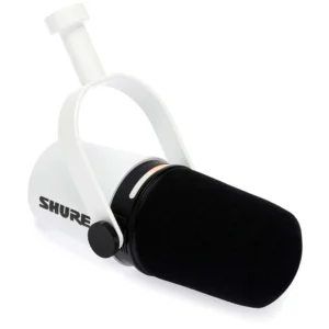 Shure MV7+-W micrófono dinámico profesional blanco con conexión USB-C y XLR para podcast, streaming, grabación de voz y creación de contenido.