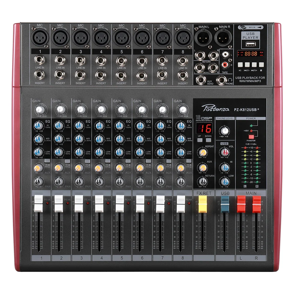 Pottenza PZ-K812USB – Mezcladora Analógica de 8 Canales con USB, Bluetooth y Efectos DSP