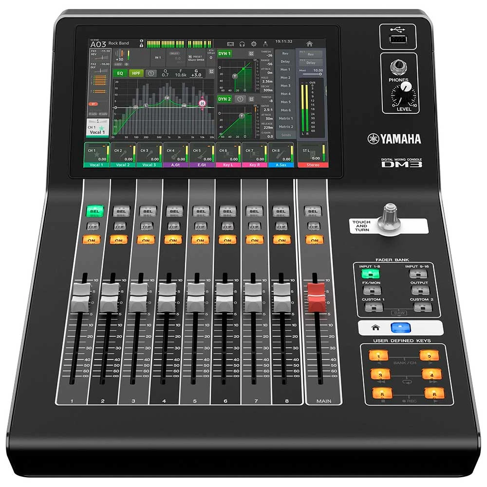Yamaha DM3 consola digital profesional de 22 canales con pantalla táctil de 9 pulgadas, interfaz USB 18x18 y efectos SPX.